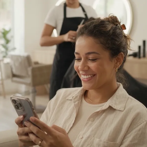 Cliente sorrindo enquanto marca um horário pelo celular no salão
