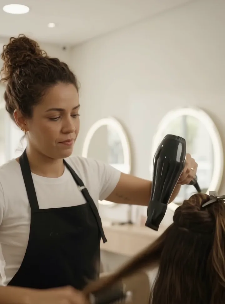 Cabeleireira fazendo escova no cabelo de uma cliente no salão