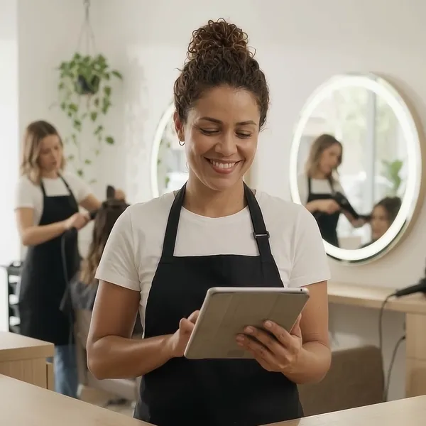 Dona de salão conferindo a agenda no tablet enquanto a equipe atende