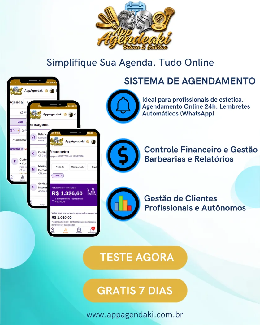 Prints reais do AppAgendaki no celular do profissional: agenda, mensagens e painel financeiro, com teste grátis de 7 dias